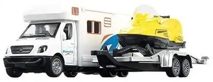 METAL Camper mit Anhänger & Schneescooter – Pullback Fahrzeug-Set - Kleingeschenke-Paradies.de