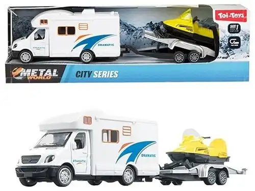 METAL Camper mit Anhänger & Schneescooter – Pullback Fahrzeug-Set - Kleingeschenke-Paradies.de