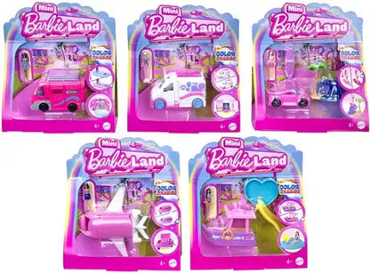 Mini Barbie Land Spielset 6 Stück | Puppe mit Fahrzeug & Farbwechsel