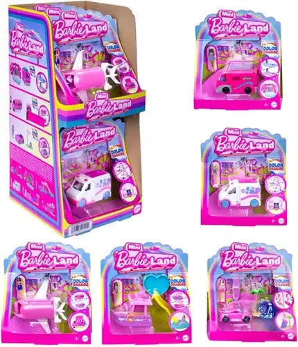 Mini Barbie Land Spielset 6 Stück | Puppe mit Fahrzeug & Farbwechsel