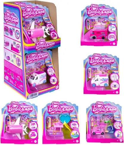 Mini Barbie Land Spielset 6 Stück | Puppe mit Fahrzeug & Farbwechsel